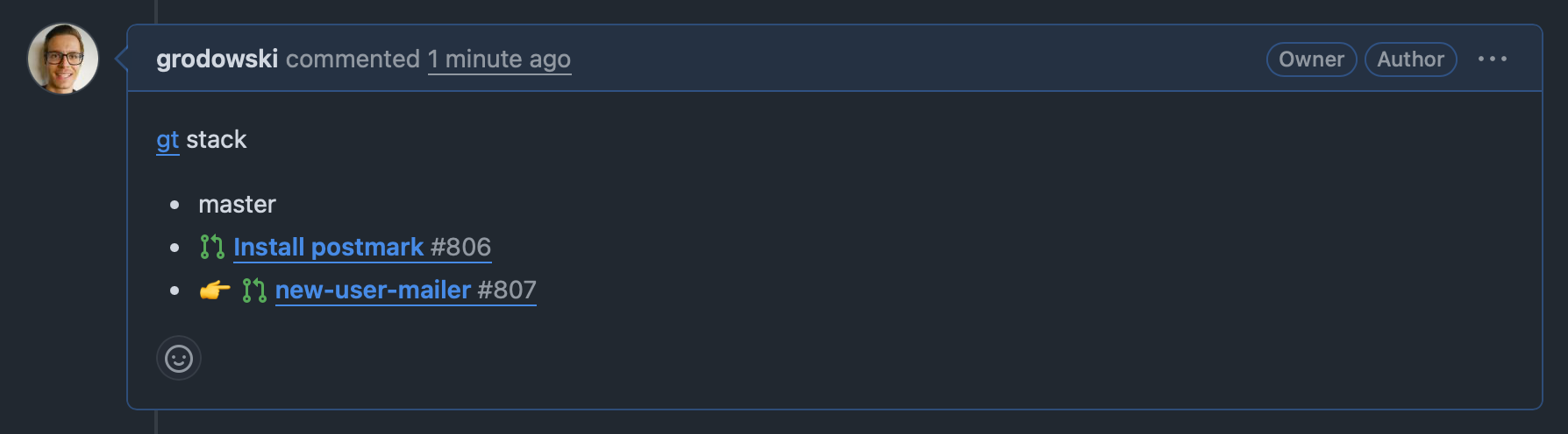 gt stack comment on GitHub PR